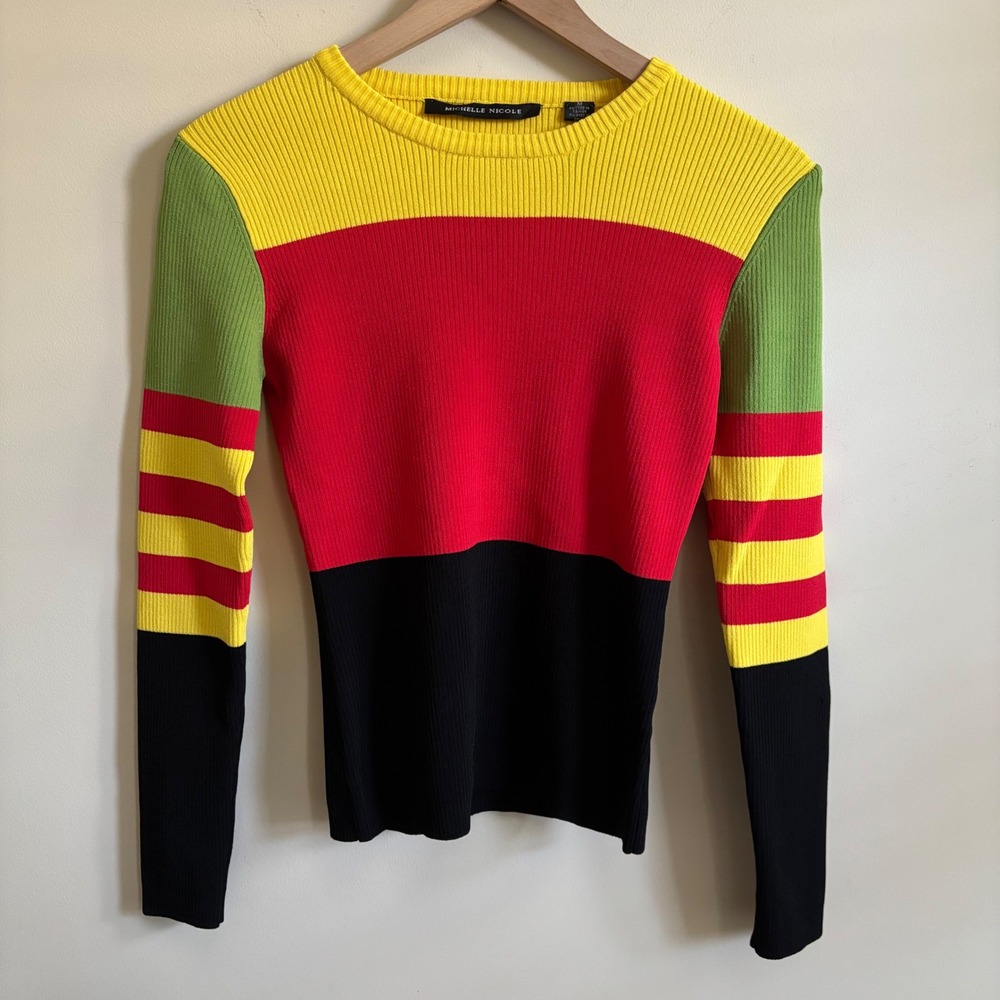 Michelle Nicole Colorblock Ribbed Knit Sweater Yellow Red Green Black Size M